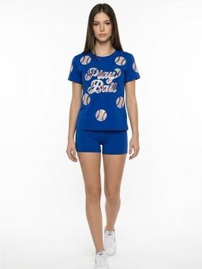 NEW BELLE CHER women's play ball sequin baseball tee in royal blue